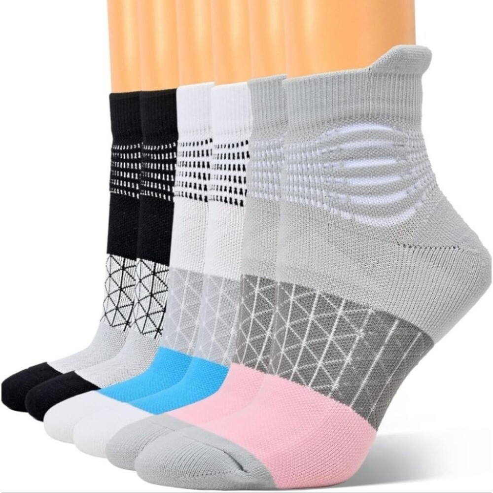 Athletic Low-Cut Cushion Crew Socks - 6 Pack (Black, White, Gray, Blue, Pink)